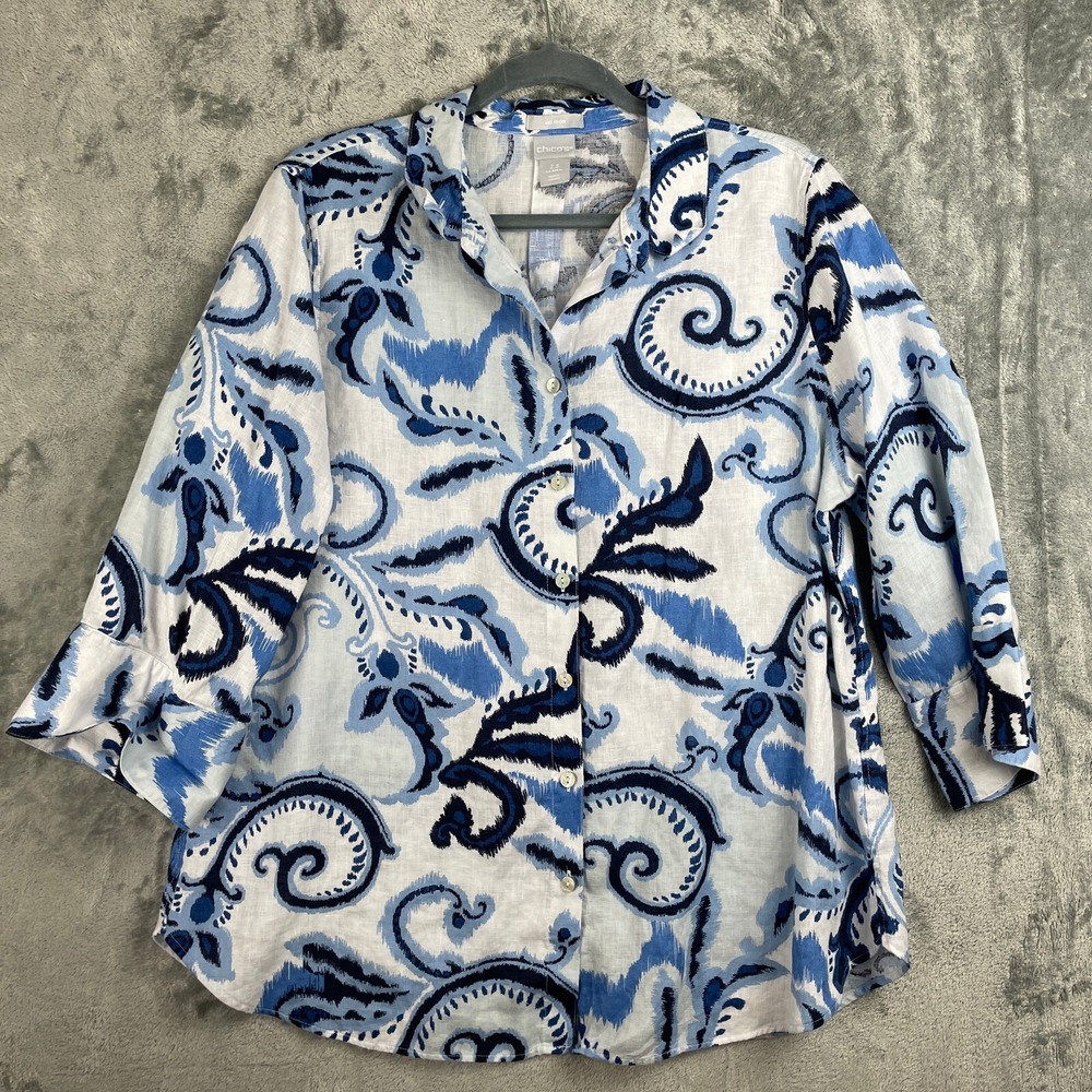 Chicos Top Size L/XL/ 14 Linen No Iron Button Up Lagenlook Beachy Coastal Shirt
